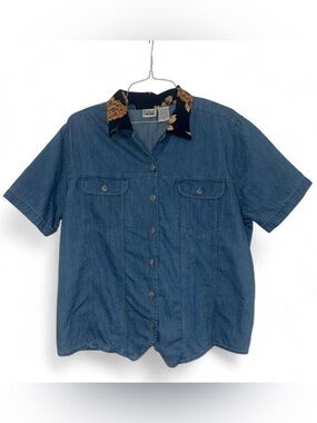 Capacity Woman Vintage Blue Jean Denim Button Up Shirt Floral Collar Tie Back
